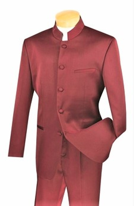 5-Button Banded Collar Clerical Suit In Burgundy