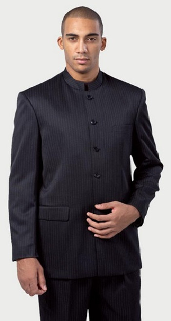 5-Button Pin-Stripe Banded Collar Clerical Suit - 3 Colors Available