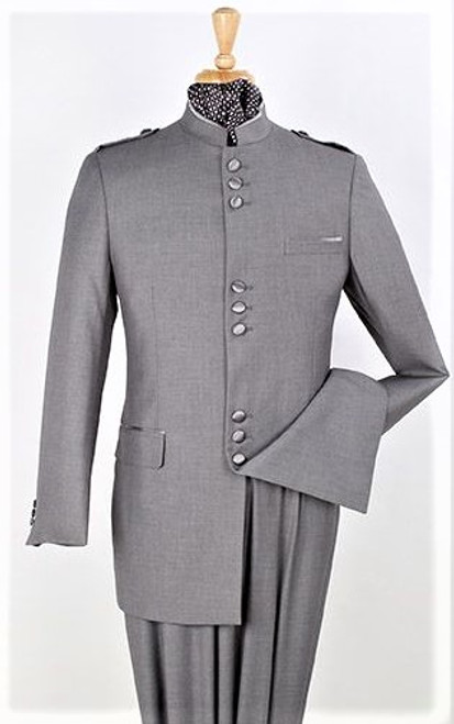  9-Button Banded Collar Clerical Suit In Gray