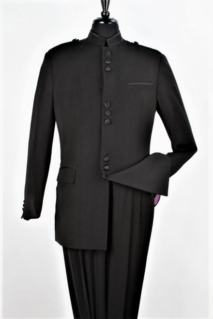 9-Button Banded Collar Clerical Suit in Black