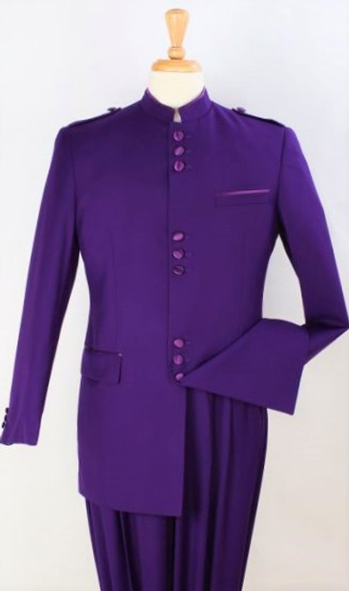 9-Button Banded Collar Clerical Suit In Purple