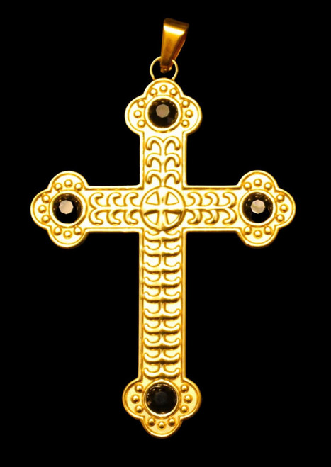 Pectoral Cross & Chain Set In Gold with Black Set Stones - Double Sided