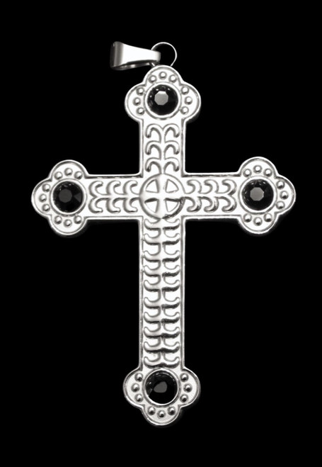 Pectoral Cross & Chain Set In Silver with Black Set Stones - Double Sided