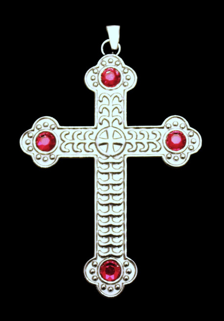 Pectoral Cross & Chain Set In Silver with Red Set Stones - Double Sided