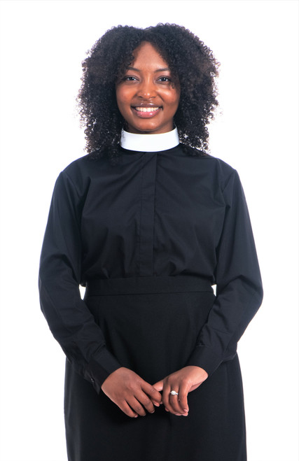 Ladies Banded Collar Clergy Shirt in Black