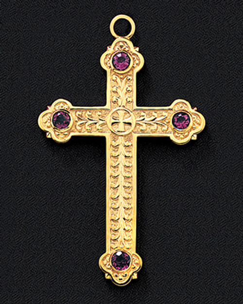 Pectoral Cross & Chain Set In Gold with Purple Set Stones