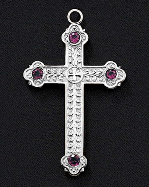 Pectoral Cross & Chain Set In Silver with Purple Set Stones