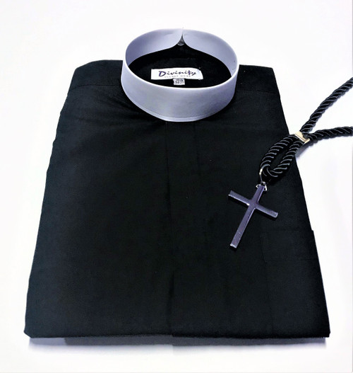 Banded Collar Clergy Shirt In Black With Silver Cross & Black Cord