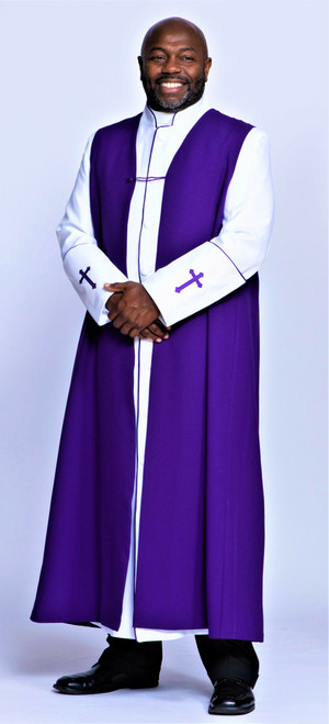 Men's Preacher Clergy Robe & Chimere Set in White & Purple